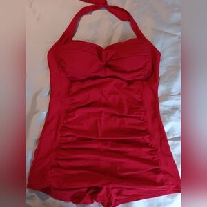 Womens Cherry Red Vintage Style Halter One Piece XXL Swimsuit C4